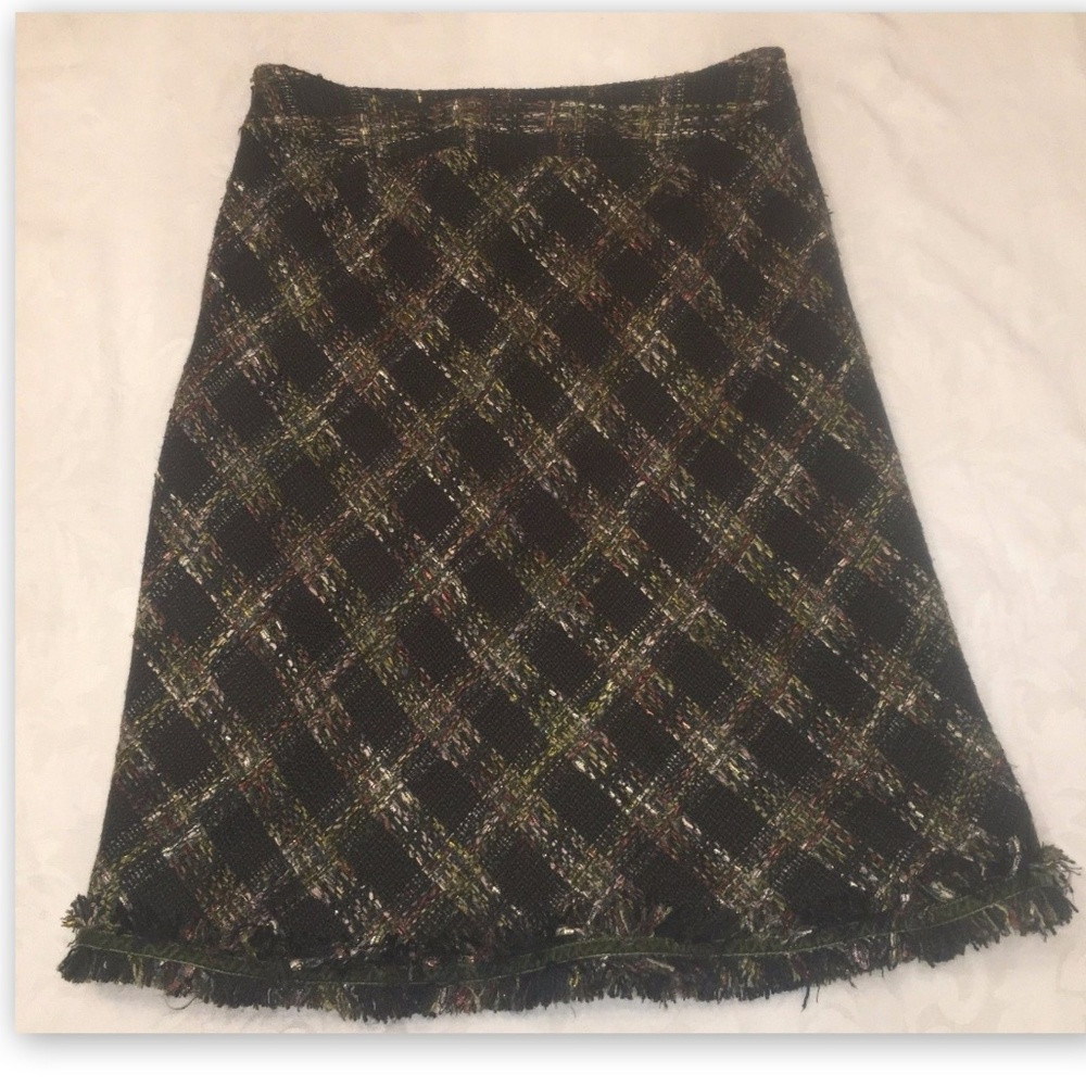 ALLEN SCHWARTZ Green Silver Weave Fringe Hem SKIRT